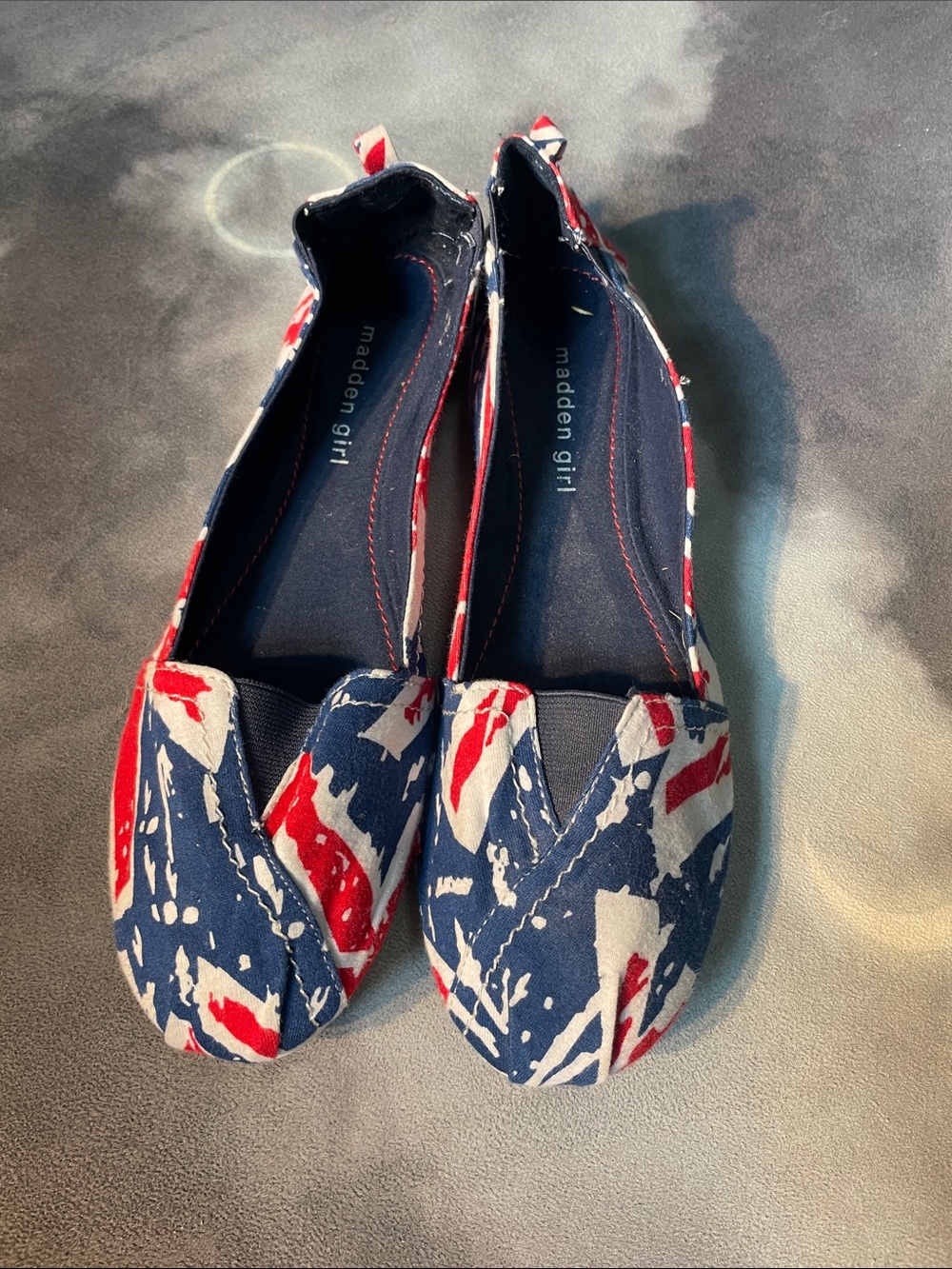 Madden Girl Navy, Red & White Abstract Print Slip-Ons | 9.5